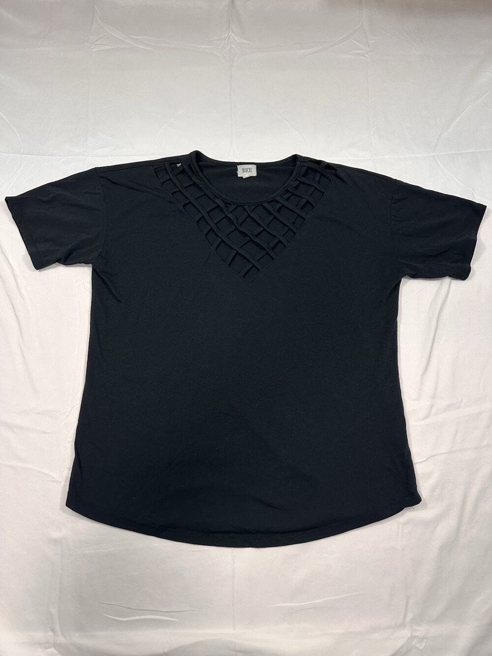BKE Women’s Black Top Short Sleeve Lattice Neckline Size Medium